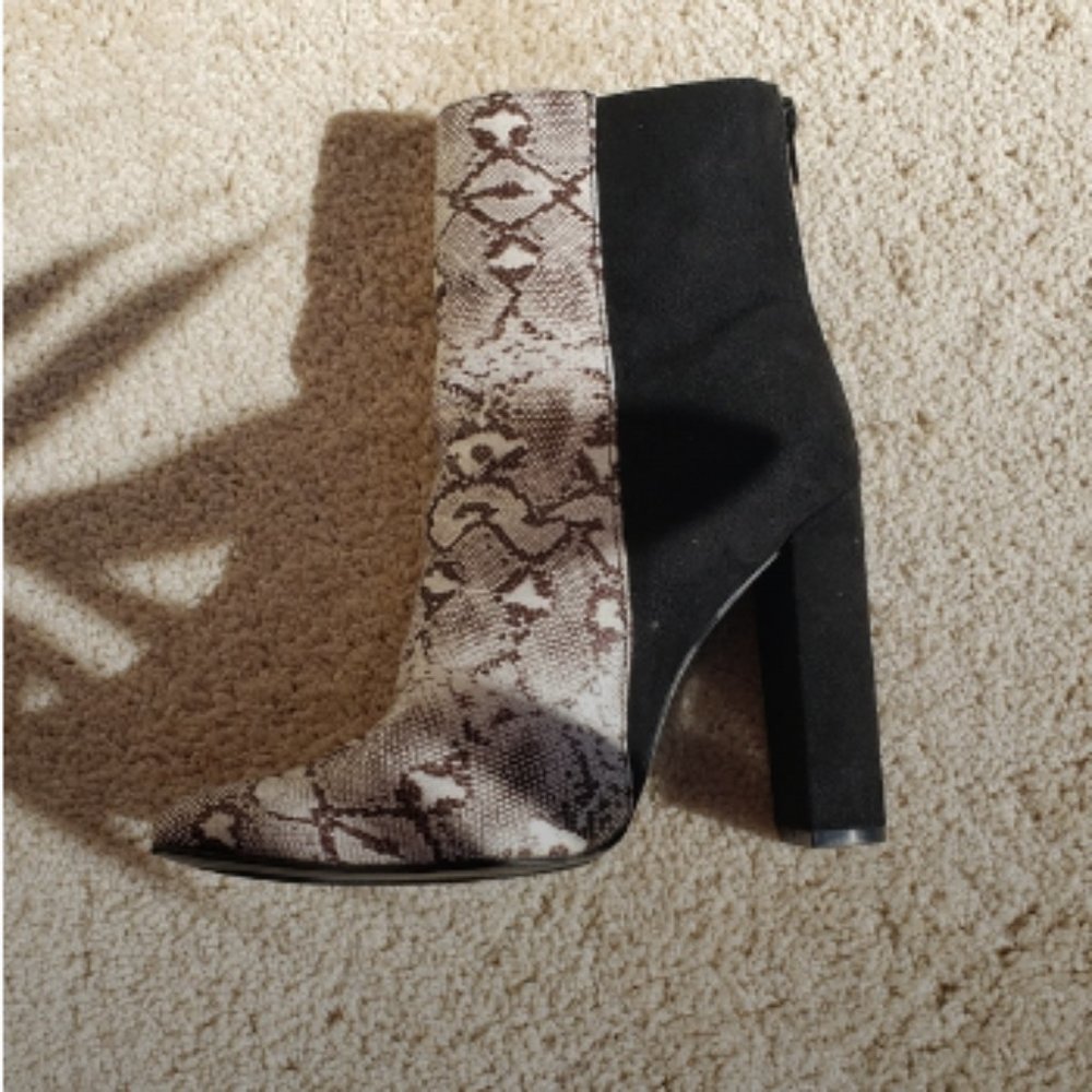 Lulu's Karin Snakeskin Two-Tone High Heels Booties Black Vegan